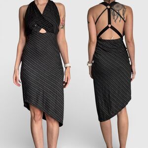 Free People Temptress Dress Bodycon Midi with Strappy Back and Metallic Stripes